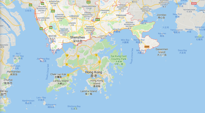 Map showing Hong Kong in relation to Shenzhen, where Chinese military forces are preparing “drills” according to state media
